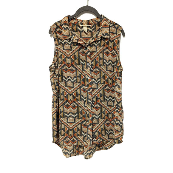 H&M Tops - H&M Brown Tribal Boho Print Front Button Sleeveless Blouse, Size 10